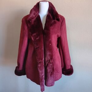 Coaco Burgundy Faux Fur Trim Coat Size Medium, Vintage Button Up Winter Jacket